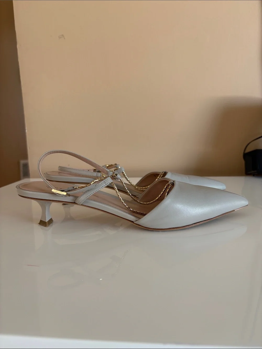 Giorgio Armani Metallic Silver Pointed Slingback Sandals, Size 38